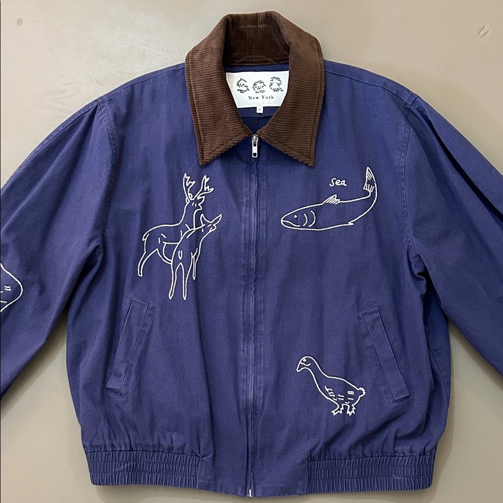 Sea NY French Blue Demi Bomber Jacket Embroidered Corduroy Collar Cotton White M